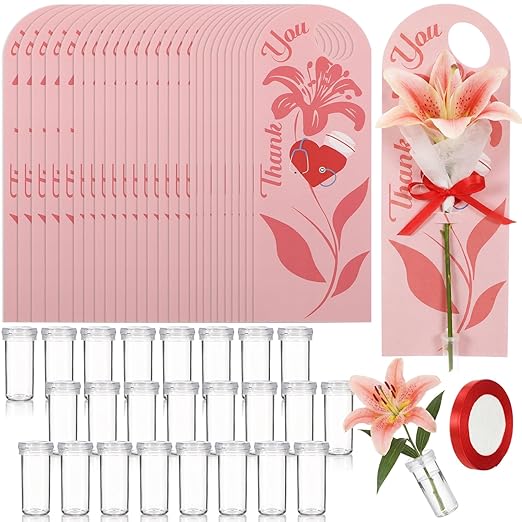 Eaasty 24 Set Nurses' Day Themed Single Lily Card Sleeve Gift Packaging Flower Holder with Floral Water Tubes Ribbon and Tissue Paper for Flower Packing