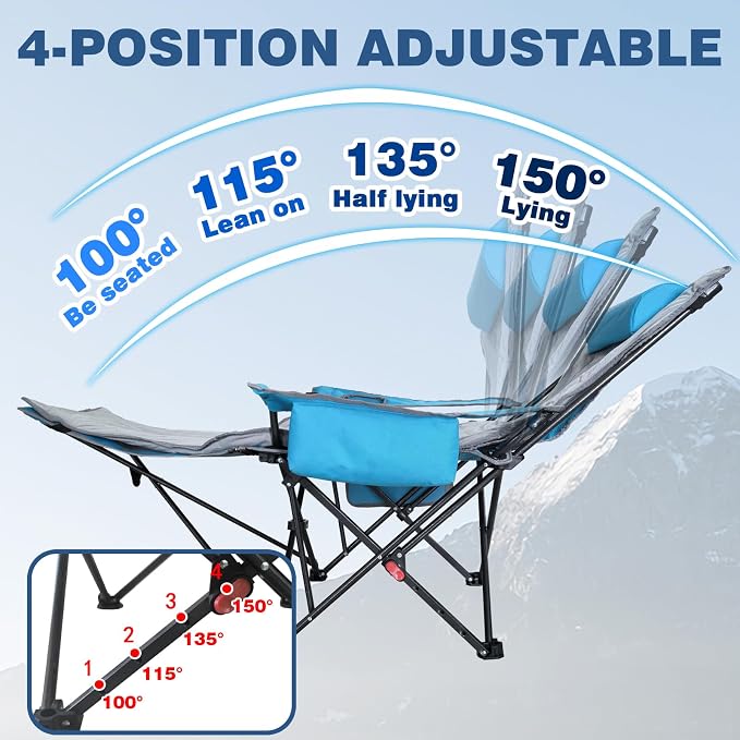 2-Pack Reclining Camping Chair 4 Position with Foot Rest Comfortable for Adults 265Ibs Folding Lounger Mesh Beach Chair with Cooler Bag,Cotton Cushion and Cup Holder for Outdoor Patio