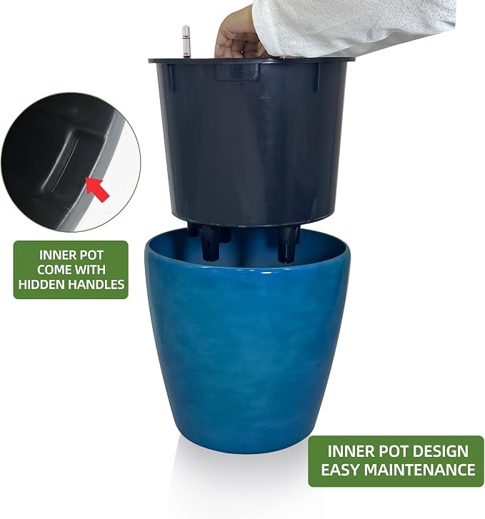 Dexceder 13x12 Self Watering Planter with Wheels (Peacock Blue Gradient) | Inner Pot Design, Thickened Large Floor Standing Flower Plant Pot with Water Level Indicator Indoor Outdoor