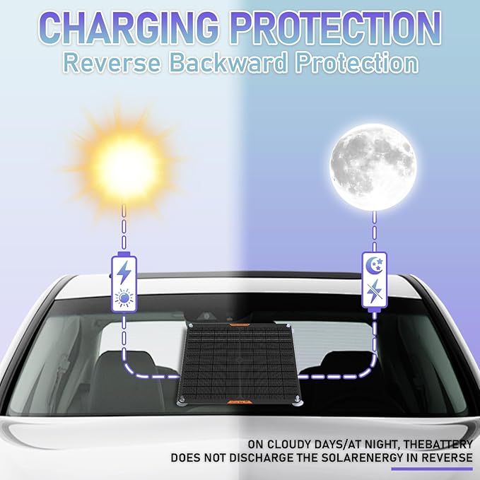 12 Volt 20W Solar Car Battery Charger & Maintainer, Solar Panel Trickle Charger, with Alligator Clip& Cigarette Lighter PlugAdapter for Car, Boat, Automotive, Motorcycle, RV