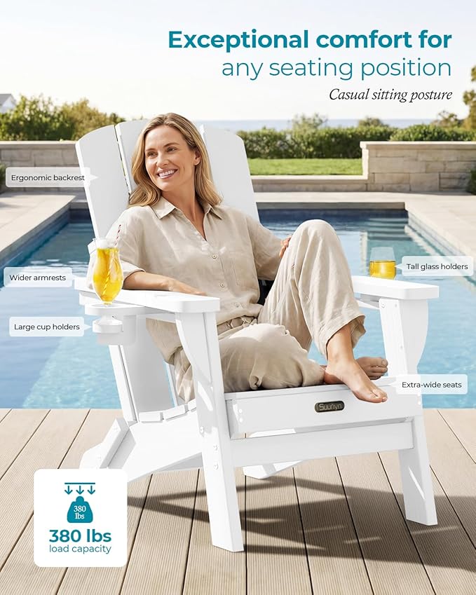 Folding Adirondack Chair, HDPE All-Weather Fire Pit Chairs, Plastic Adirondack Chairs with 2 Cup Holder, Outdoor Lawn Chair for Patio Garden (White)