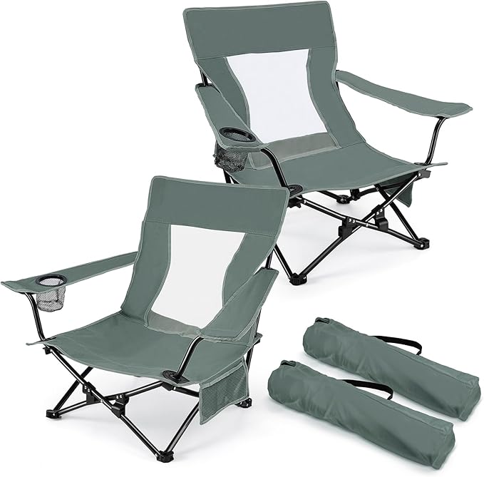 Joyfair Beach Camping Chair (2 Pack), Outdoor Folding Chair for Adults, Heavy Duty Portable Chair for Outside Fishing, Lawn, Sport, Patio, Armrest Cup Holder & Storage Pocket, Carry Bag (Grey)