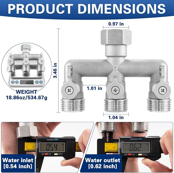 304 Stainless Steel 3 Way Garden Hose Splitter, Heavy Duty Hose Bib Splitter with 3 Shut Off Valves, High Flow Outdoor Faucet Splitter, 3/4" GHT Water Hose Connector for Garden, Yard, Irrigation