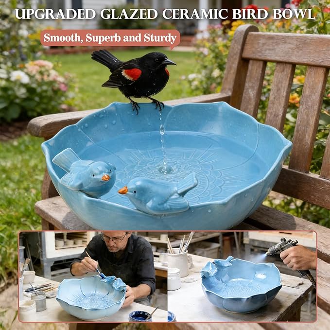 Ceramic Bird Bath for Outdoors, 10.1” Hand-Painted Glazed Ceramic Bird Baths Bowls and Feeders for Outside, UV/Frost-Resistant Finish Ground Garden Table Top Bird Baths Decor for Patio Yard Home Green