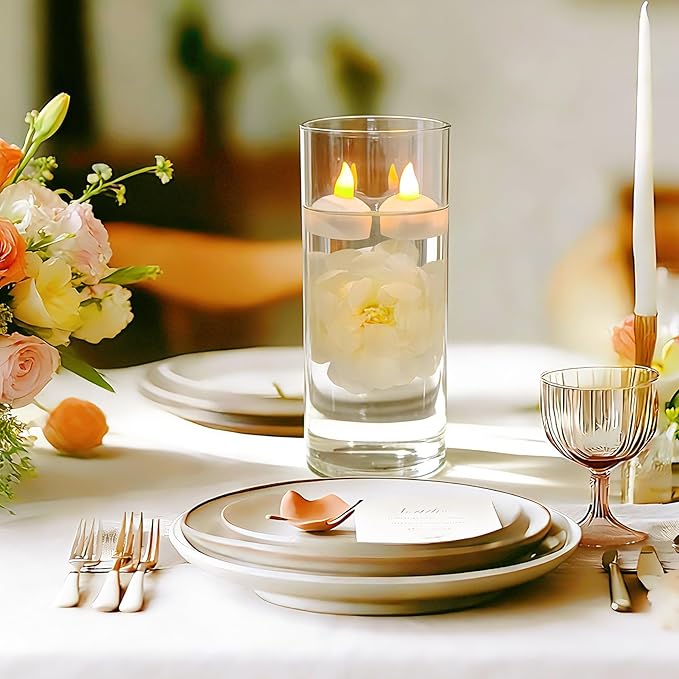 24 Pack Flameless Floating Candles and Floating Artificial Flower Led Battery Operated Waterproof Tea Lights for Cylinder Vases Centerpieces at Wedding, Party, Pool Decor White