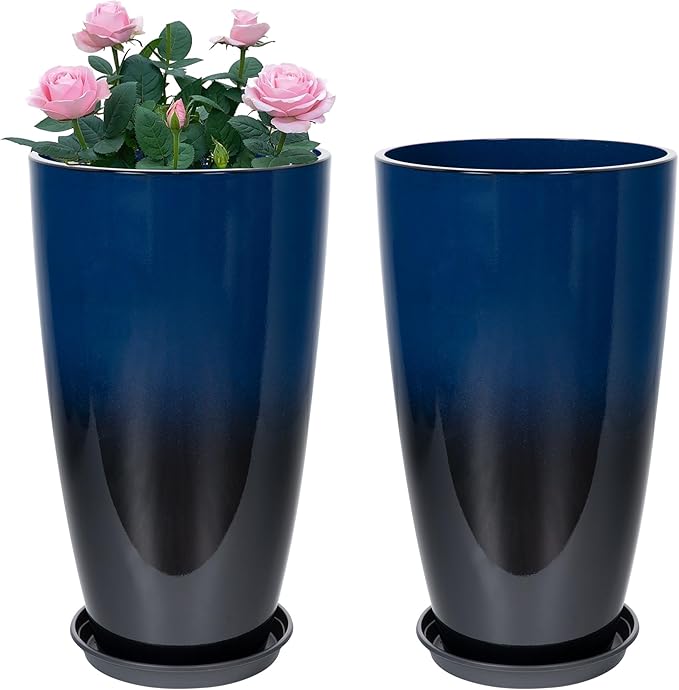 Neoaider Set of 2 Lightweight Ceramic-Look Tall Planter, 21 inch Large Plastic Planter with Drain Hole & Saucers, Large Outdoor Planters for Porch, Garden, Patio, Balcony(Dark Blue)