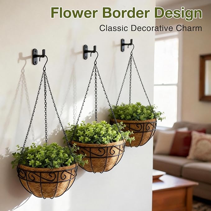 10 Inch Hanging Baskets for Plants Outdoor, 3 Pack Metal Wire Hanging Planters with Coco Coir Liners, Rust-Resistant Flower Basket with Chains & Hooks for Garden Patio Porch Deck Balcony
