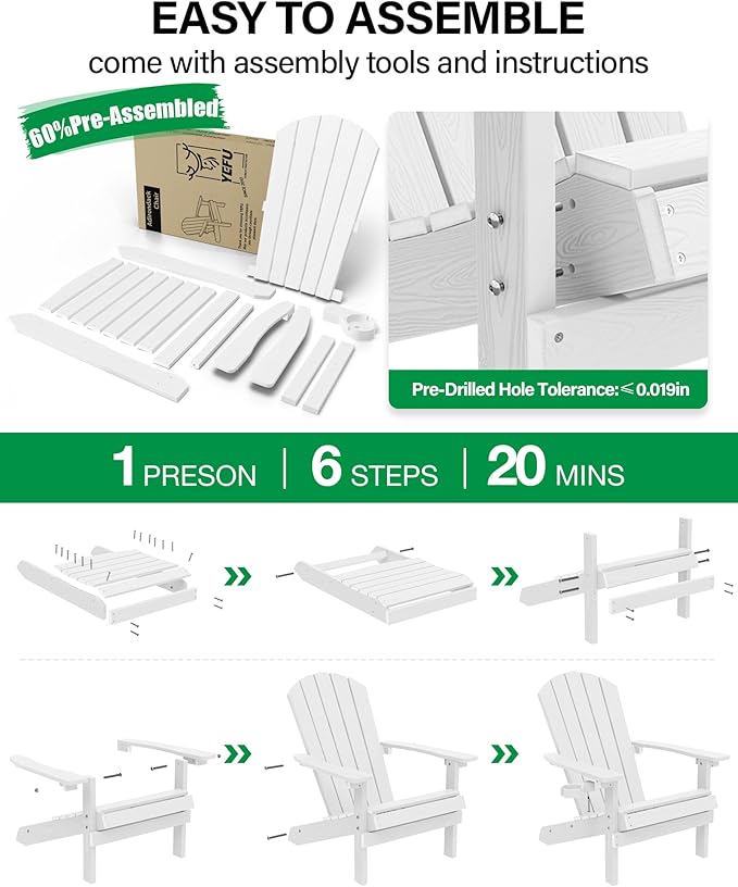 YEFU Adirondack Chairs Set of 6: Outdoor Chair HIPS Plastic Adirondack Chairs - Patio Chairs with Wood Texture - Lawn Fire Pit Deck Porch Garden Chairs for Adults(White)