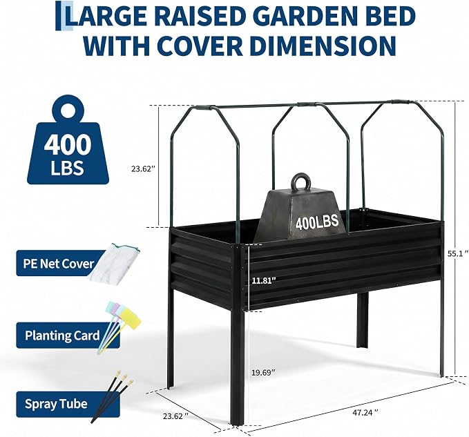 48×24×56in Galvanized Elevated Raised Garden Bed with Legs, Greenhouse Cover & Bird Net, Deep Metal Raised Planter Box for Backyard Patio Balcony Vegetables Herbs Flowers