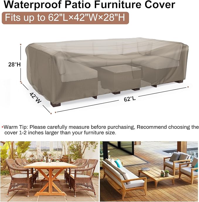 Mrrihand Heavy Duty Patio Furniture Covers, Outdoor Furniture Covers Waterproof Sectional Sofa Set , Patio Table and Chair Set Cover 62"L×42"W×28"H,Brown