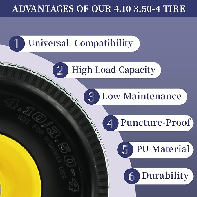 4.10/3.50-4 Tire and Wheel Flat Free, with 5/8” Axle Bore Hole, Extra 3/4”&1/2” Bearings, 2.2” Offset Hub,10” Solid Polyurethane Tires for Hand Trucks, Dollies, Garden Trailer (2Pack)