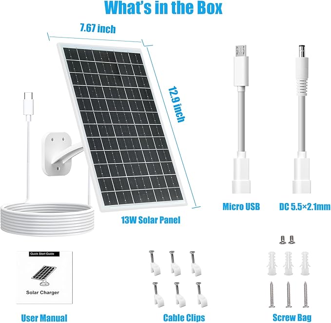 13W Solar Panel for Security Cameras, 5V Output, USB-C/Micro USB/DC (5.5x2.1mm), 360° Adjustable Mount, IP66 Waterproof, 7.2FT Cable, Outdoor Solar Charger
