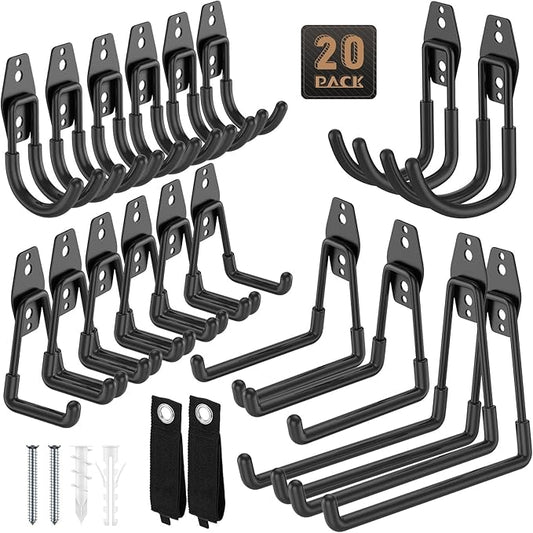 20 Pack Garage Hooks, Heavy Duty Steel Wall Mount Utility Hangers with Anti-Slip Coating for Hanging Bikes, Ladders, Power Tools, and Garden Equipment