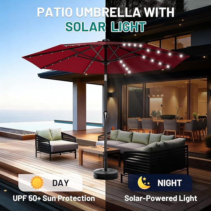 AreShark 9FT Patio Umbrella with Solar Lights, 32 Lighted Pool Umbrella w/Tilt and Crank, Outdoor Market Solar Umbrellas for Garden, Deck, Backyard, Pool and Beach, Dark Red