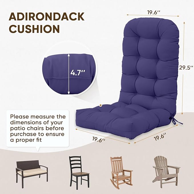 COOS BAY High Back Adirondack Chair Cushions for Outdoor Furniture, 49x20x5 in Water-Resistant Thick Tufted Patio Chair Cushions with Secure Straps, Set of 2, Navy Blue