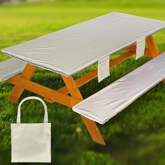 Picnic Table Cover with Bench Covers Vinyl Elastic Edges Fitted Rectangle Seat Tables Waterproof 3-Piece96X30in Set Outdoor Rectangular Folding Backing Tablecloth for Camping Over Size
