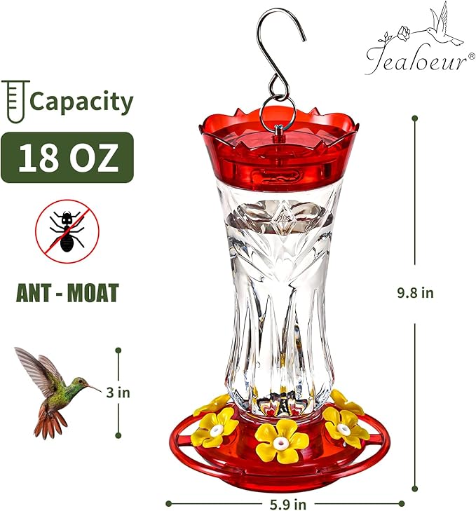 Jealoeur Hummingbird Feeder for Outdoors Hanging, 18 OZ Humming Birds Feeders with 6 Bee Guard Feeding Ports & Built-in Ant Moat, Easy to Clean, Durable Outdoor Garden Decor(Clear A 1 Pack)