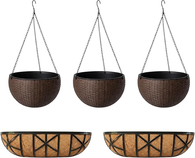 LaLaGreen Bundle- 2 Pack, 24 Inch Metal Planter with Coco Liner + 3 Pack, 11 Inch Self Watering Hanging Basket Plastic Flower Pot with Chain Outdoor Wall Mounted Balcony Fence Patio Porch Modern Decor