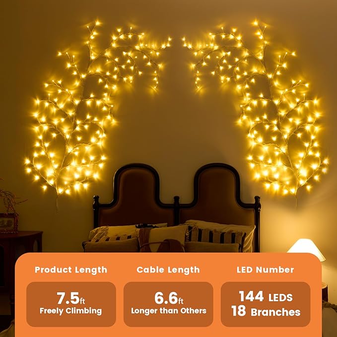 Enchanted Willow Vine Lights with Remote, 18 Branches 144 LEDs Lighted Willow Vine for Wall Decor, Indoor Christmas Swags Decorations for Bedroom, Living Room & Home Decor