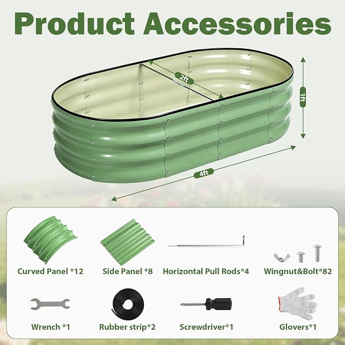 2 PCS Galvanized Raised Garden Bed 4x2x1 Ft, Oval Metal Outdoor Planter Box Kit with Safety Rubber Edge, Easy Assemble Bottomless Large Planting Container for Vegetable, Flower, Fruit, Green