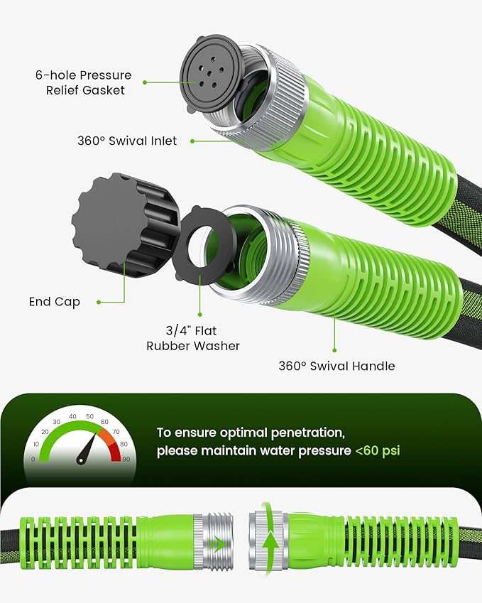 RAINPOINT Flat Soaker Hose 200FT, 80% Water-Saving Drip Irrigation Hose for Garden, Leakproof and Flexible with Anodized Aluminum Ends, Double Layer Soaking Hoses, Green(50FT X 4Pack)