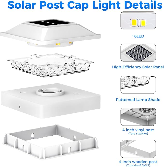 Peasur 4x4 Post Solar Lights 16 Pack, 2 Modes 16 LED Solar Post Cap Light Waterproof, Black Deck Fence Post Solar Lights Powered Outdoor, Fit 4x4 Wood/Vinyl Posts for Porch Patio