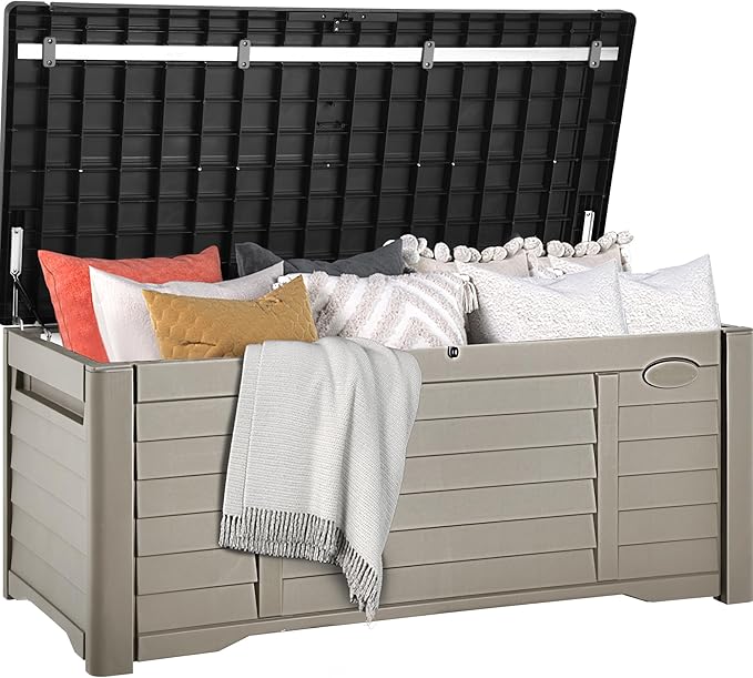 DWVO 150 Gallon Outdoor Storage Box, Large Resin Deck Box with Louver Design, Lockable Patio Storage Bin for Indoor and Outdoor Use, Pillows, Tools, and Pool Supplies -Black & Brown