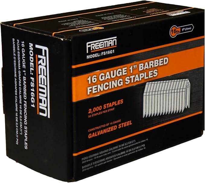 Freeman 16-Gauge Fencing Staples | 1" | Glue Collated | Galvanized Steel | 2000 Count | Indoor and Outdoor | Livestock Fencing, Pet Enclosures, Heavy Mesh, Deer Prevention, and Farming | FS16G1