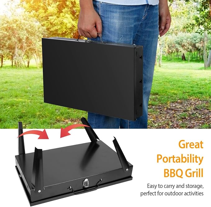 KOCASO Portable Charcoal Grill, Foldable BBQ Suitcase Grill Shelf for Outdoor Camping Picnics Garden Grilling – 16.7x10x17.7 in