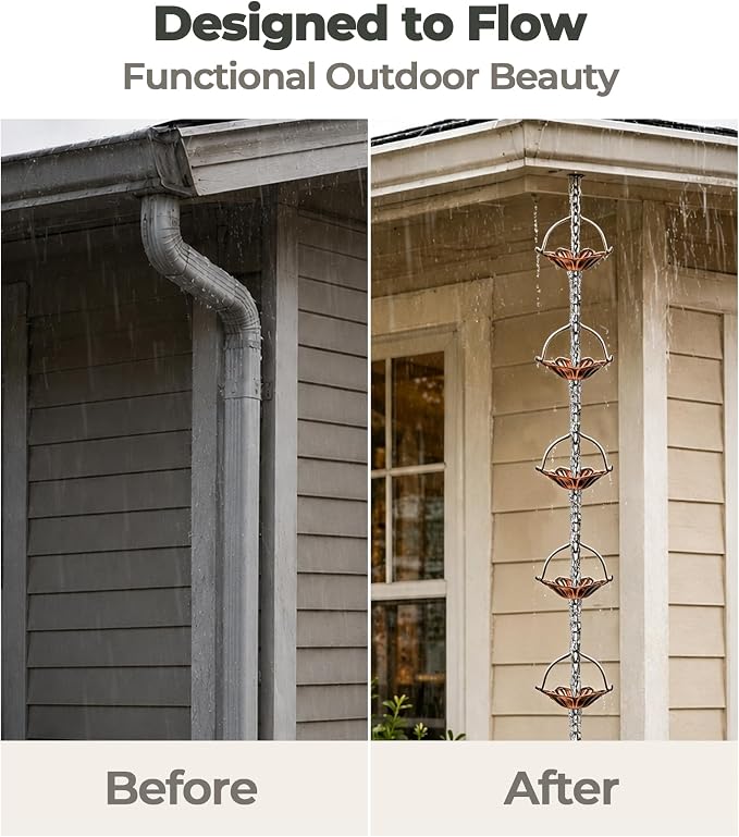 Copper Rain Chain for Gutters, 12 Cup Lotus Decorative Water Feature, 8FT 7IN Adjustable Metal Chain Rain Diverter for Outdoor Garden Décor with Crystal Accent