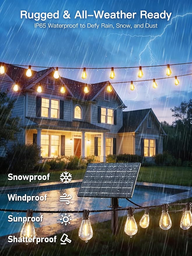 30FT Solar String Lights Outdoor Waterproof, 10+1 LED Solar Powered Lights with Remote Control, 3 Light Modes & Dimmable, USB-C Charging for Patio, Backyard, Garden, Camping