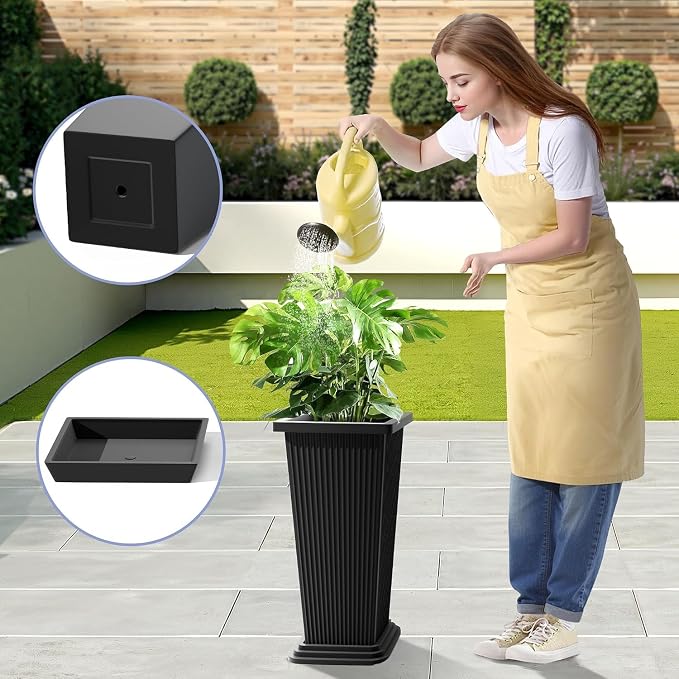24in Tall Planters Set of 2 with Saucers, Black Stripe | Built-in drainage system, Durable composite plastic, Fade-resistant design, Weather Resistant, Patio & porch decor