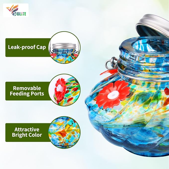BOLITE Hummingbird Feeders for Outdoors, Hand Blown Top Fill Hummingbird Feeder, Glass Mason Jar with 4 Flower Feed Ports, Easy to Clean, Leak Proof, Bee Proof, Ant Moat, Blue, Gift for Bird Lovers