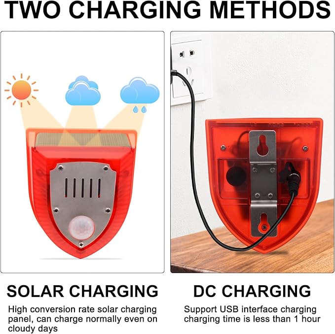 Qualirey 4 Pcs Solar Alarm Motion Detector with Sound Outdoor Motion Sensor 129db Barking Dog Strobe Light Gunshot Sound Alarm Detector Noise Maker Warning Lamp for Home Villa Yard Farm