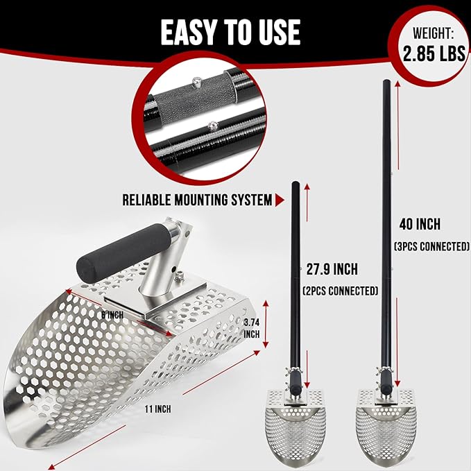 Sand Scoop for Metal Detecting, Stainless Steel Metal Detector Scoop, Metal Detecting Shovel with Long Fiberglass Handle, Metal Detector Accessories, Sand Sifter for The Beach, Sand Flea Rake