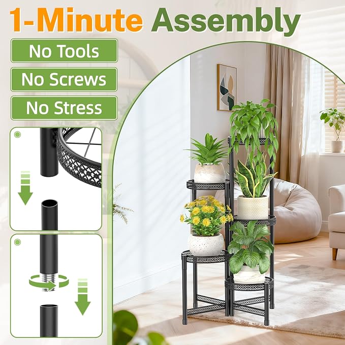 iDavosic.ly Plant Stand Indoor Outdoor, 5 Tier Corner Metal Flower Display Holder Shelf, Folding Tall Orchid Rack for Patio Balcony Porch Garden Living Room House, Wrought Iron - Modern Black
