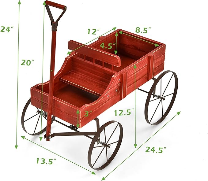 DORTALA Wood Wagon Planter, Outdoor Garden Flower Planter Cart with Wheels, Small Decorative Wood Raised Bed Plant Pot Box Stand for Backyard, Patio, Balcony, Red