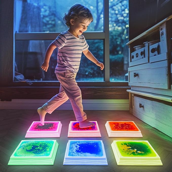 Light Up Stepping Stones for Kids Ages 3+, Sensory Stepping Stones with 7 Glow Colors & Liquid Motion, Non-Slip Indoor & Outdoor Toys for Toddler Balance & Motor Skills(6 Pack, Square)