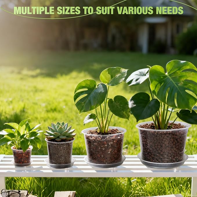 10/8/6/4 Inch Clear Nursery Pots with Drainage Holes and Saucers, 12 Pack Large Clear Pots for Plants Variety Pack, Plastic Nursery Pots for Succulents, Seedings, Herbs, Flowers, Vegetables