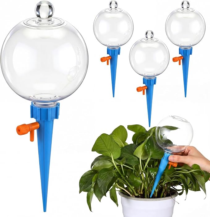 4 Pcs 17oz Plant Self Watering Globes for Indoor Outdoor Adjustable Plants Plastic Water Bulbs Top to Fill Plant Self Watering Planter Insert Water Devices System Spikes Stakes (Blue)