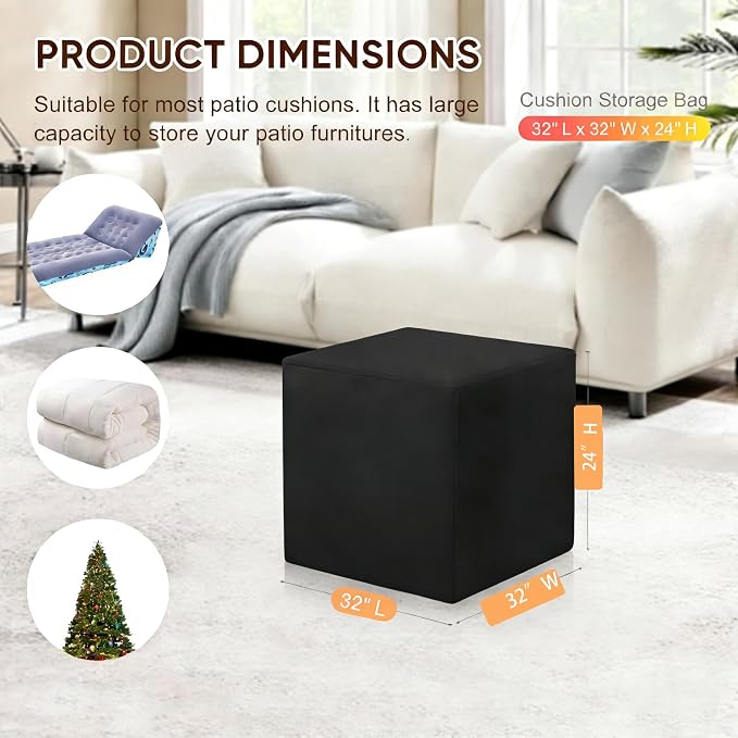Outdoor Patio Cushion Storage Bag -Waterproof Large Patio Furniture Cushion Organizer Storage Bag with Handle and Zipper, 32" L x32 W x 24" H Big Foldable Duffle Cover