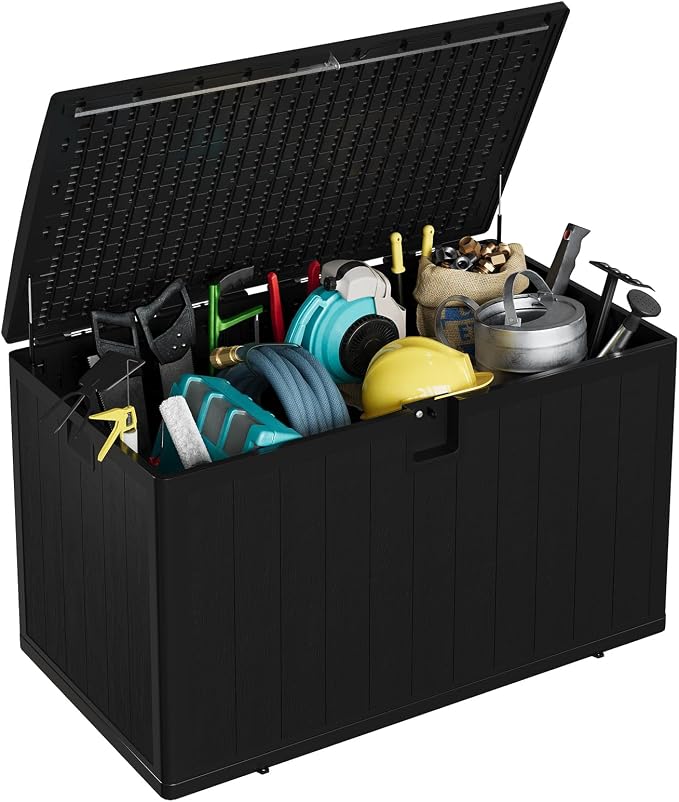 130 Gallon Outdoor Storage Box, Large Resin Deck Box with Hydraulic Air Rod, Lockable Lid & UV Resistant, All-Weather Deck Box for Patio Furniture, Pool Accessories, Gardening Tools, Black