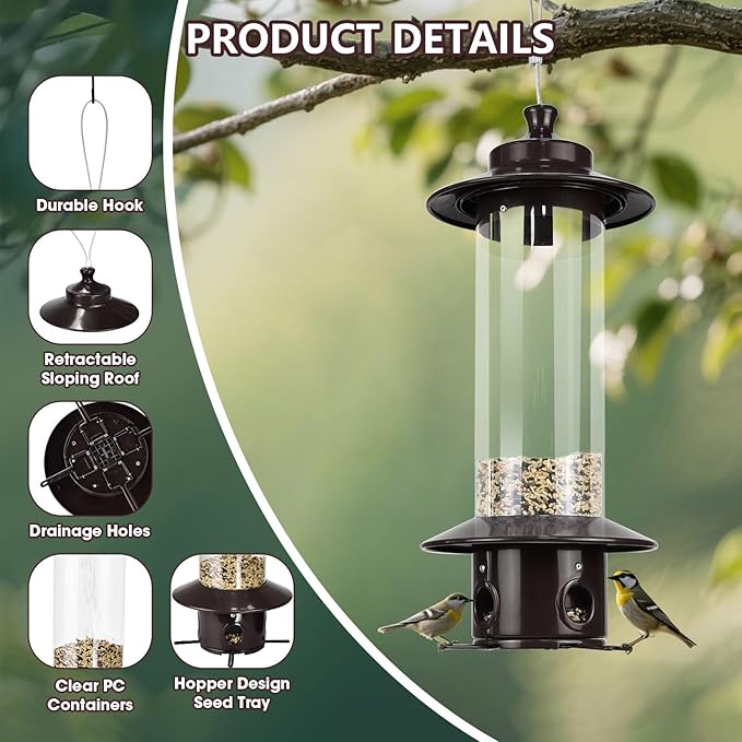 Bird Feeder for Outdoors, Hanging Squirrel Proof Bird Feeders for Outside with 4.8 Lb Capacity, 4 Ports Tube Metal Wild Birdfeeders for Garden Yard Decoration Viewing Cardinal