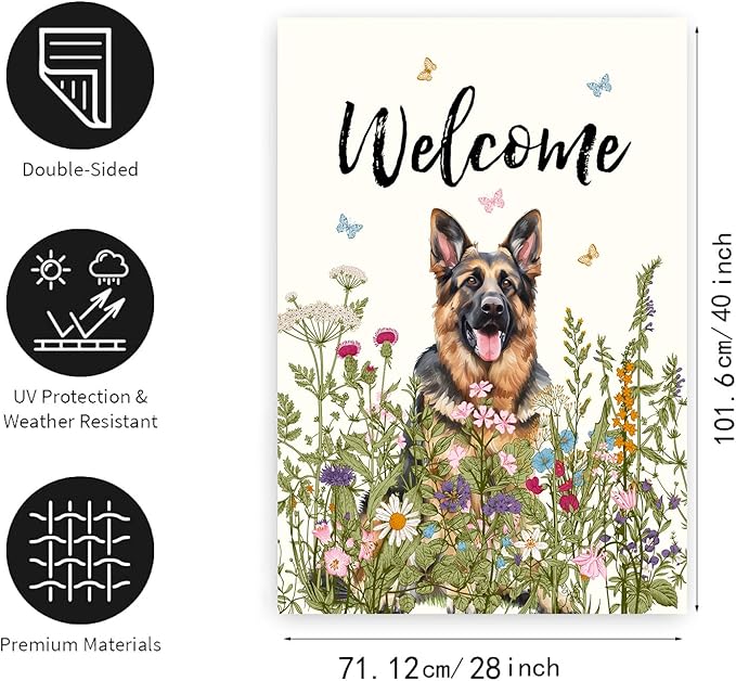 Floral German Shepherd Garden Flag Spring Summer House Flags 28 x 40 Double Sided Flower Dog Yard Flags for Outside Large Outdoor Welcome Flags