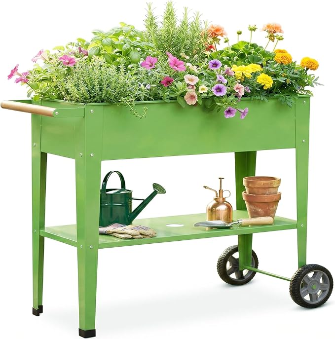 Raised Garden Bed Outdoor with Wheels, Leg and Wooden Handle, 36.2x13.4x32.3in, 400lb Cap, Metal Elevated Raised Planter Box for Herb, Vegetable, Perfect for Backyard, Balcony, Grass Green