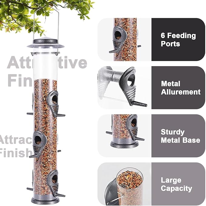 MIXXIDEA 1PK Metal Bird Feeders with 6 Feeding Ports,Tube Bird Feeder with Steel Hanger,Hard Plastic Wild Bird Feeder for Outdoors Hanging, Attracting Birds in Your Lawn, Garden, Balcony-Grey