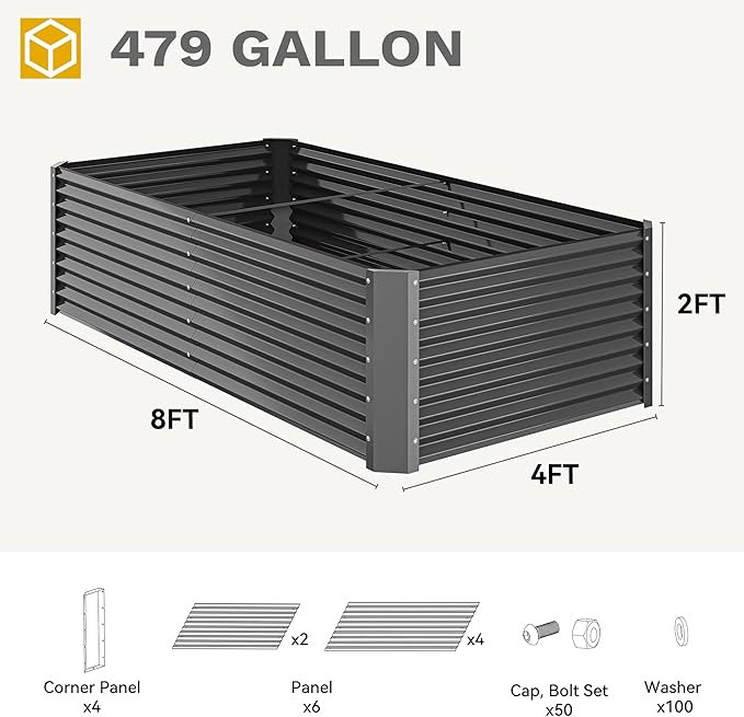 DWVO 2pcs 8 x 4 x 2 FT Raised Garden Bed Kit, Outdoor Galvanized Flower Bed with Safety Rubber and Gloves, Large Metal Planter Box for Vegetables, Flowers, Herbs, Fruits, Black