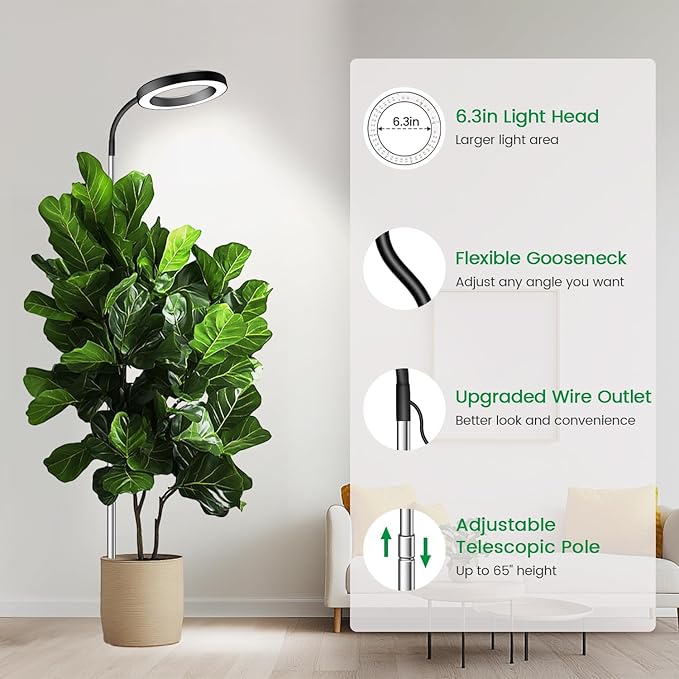 Garpsen Plant Light, Full Spectrum Grow Light with Gooseneck, 3 Colors Modes and 5 Dimmable Levels, 6/12/16H Timer, 65'' Height Adjustable Grow Lamp for Large Plants(3Pack)