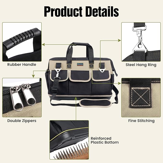 Tool Bag, Ounic 18 Inch Large Tool Tote Bag Heavy Duty With Waterproof Molded Base, Wide Mouth Tool Box Organizer with Adjustable Shoulder Strap for Electrician Mechanic Craftsman Plumbers(Coffee)