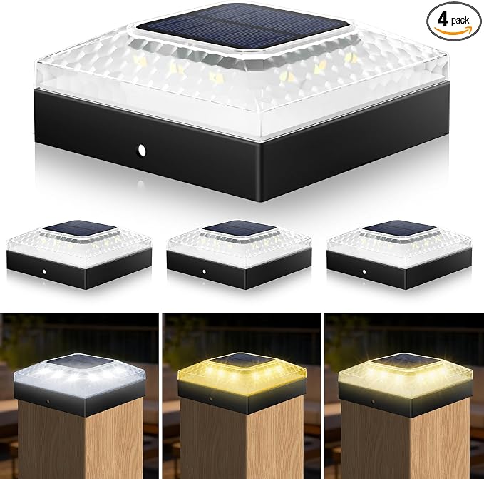 4x4 Solar Post Cap Lights 4 Pack, 3 Color Modes & 2 Brightness, IP67 Waterproof Fence Lights with Auto On/Off, 12-20H Runtime, No Wiring Needed for Outdoor Garden Yard